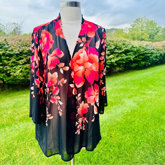 Susan Graver Kimono Black Chiffon Open Front Floral Print - Picture 4 of 16